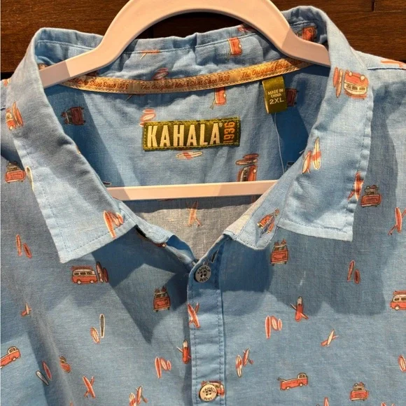KAHALA 1936 Linen Cotton Men’s 2XL Hawaian Shirt Blue VW Bus Pattern SS - Picture 3 of 10